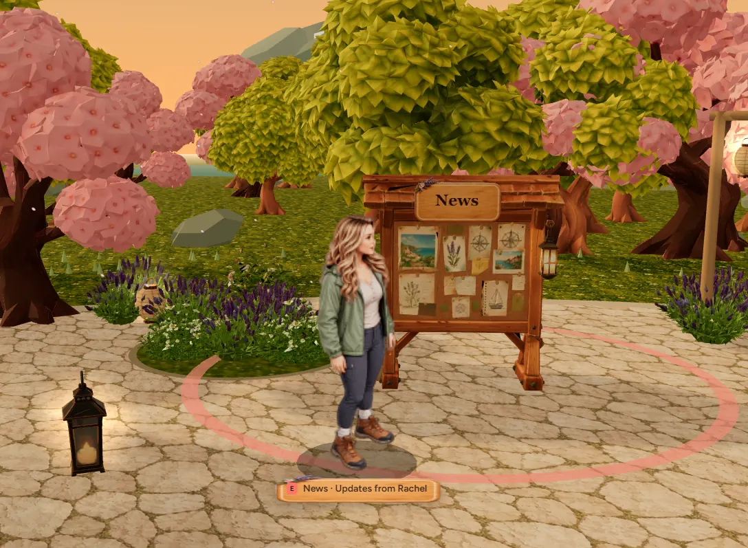 A learner's avatar stands in the camp garden in front of a wooden News board pinned with notes and pictures, under pink blossom trees. A tag reads News, Updates from Rachel.