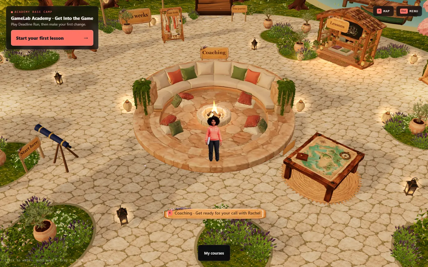 The Academy camp by day: a round stone lounge with cushions around a fire pit, a Coaching sign above it, a Lessons stand, a map table, a telescope marked Start here, lanterns and flower gardens. A card in the corner says Start your first lesson.