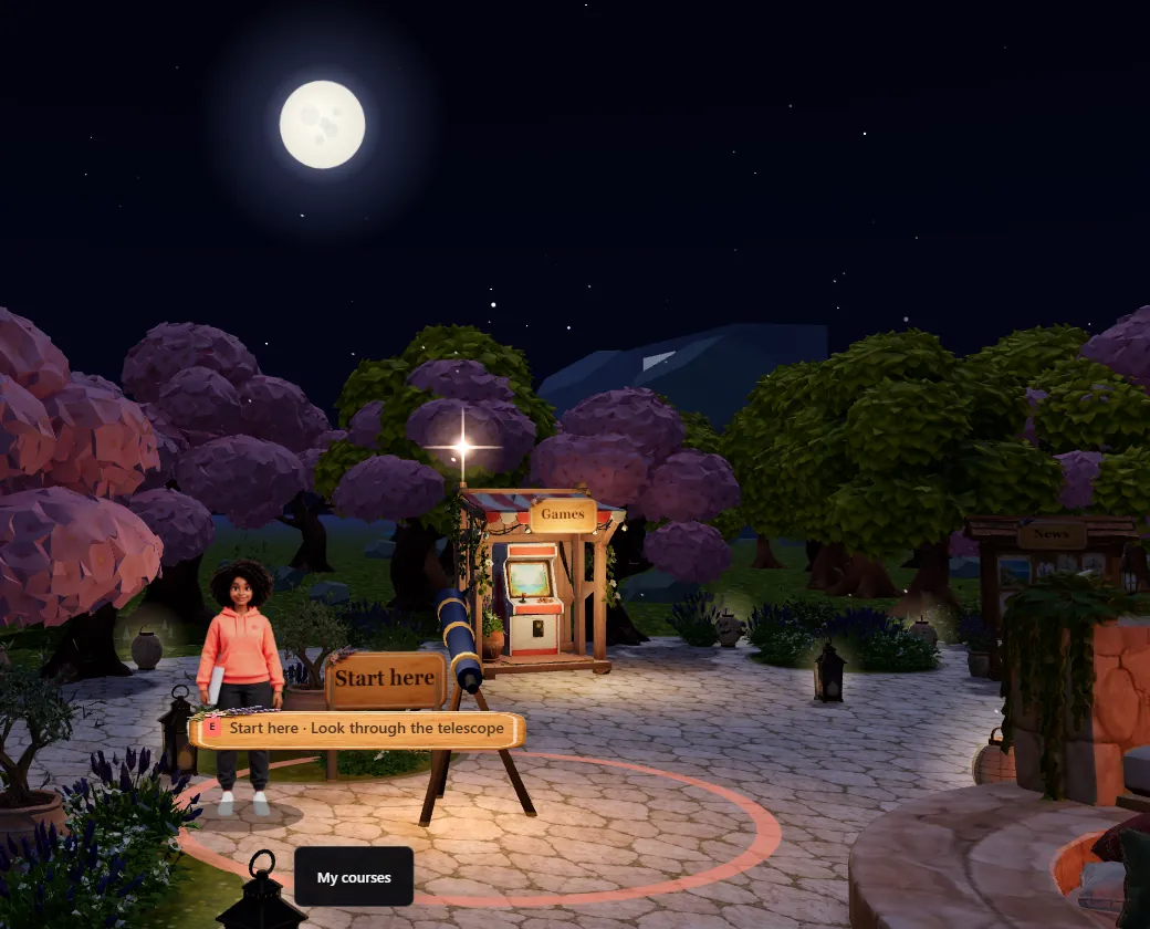 The Academy camp at night under a full moon. A learner's avatar stands beside a telescope and a wooden sign that says Start here, with a tag that reads Look through the telescope.