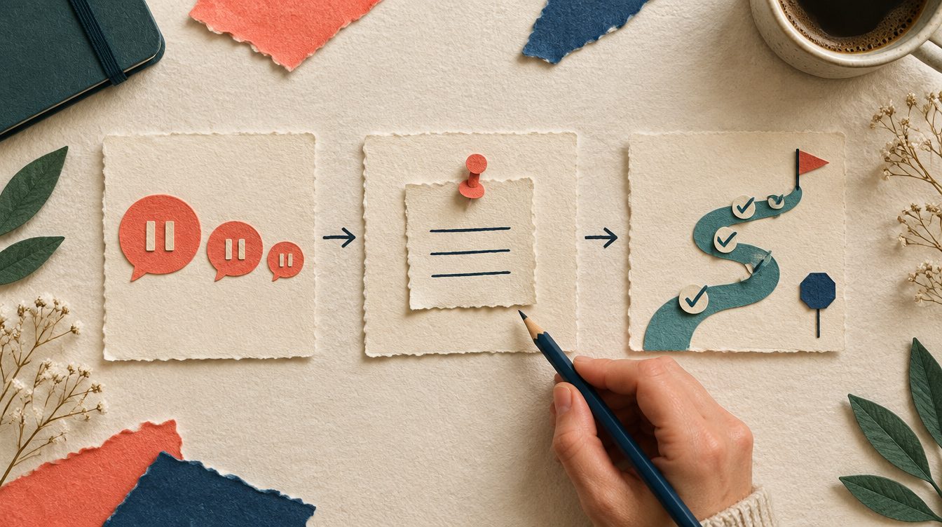 Paper cut-out illustration of three cards: pause-sign speech bubbles, then a pinned note with a pencil writing on it, then a winding path of checkmarks leading to a flag