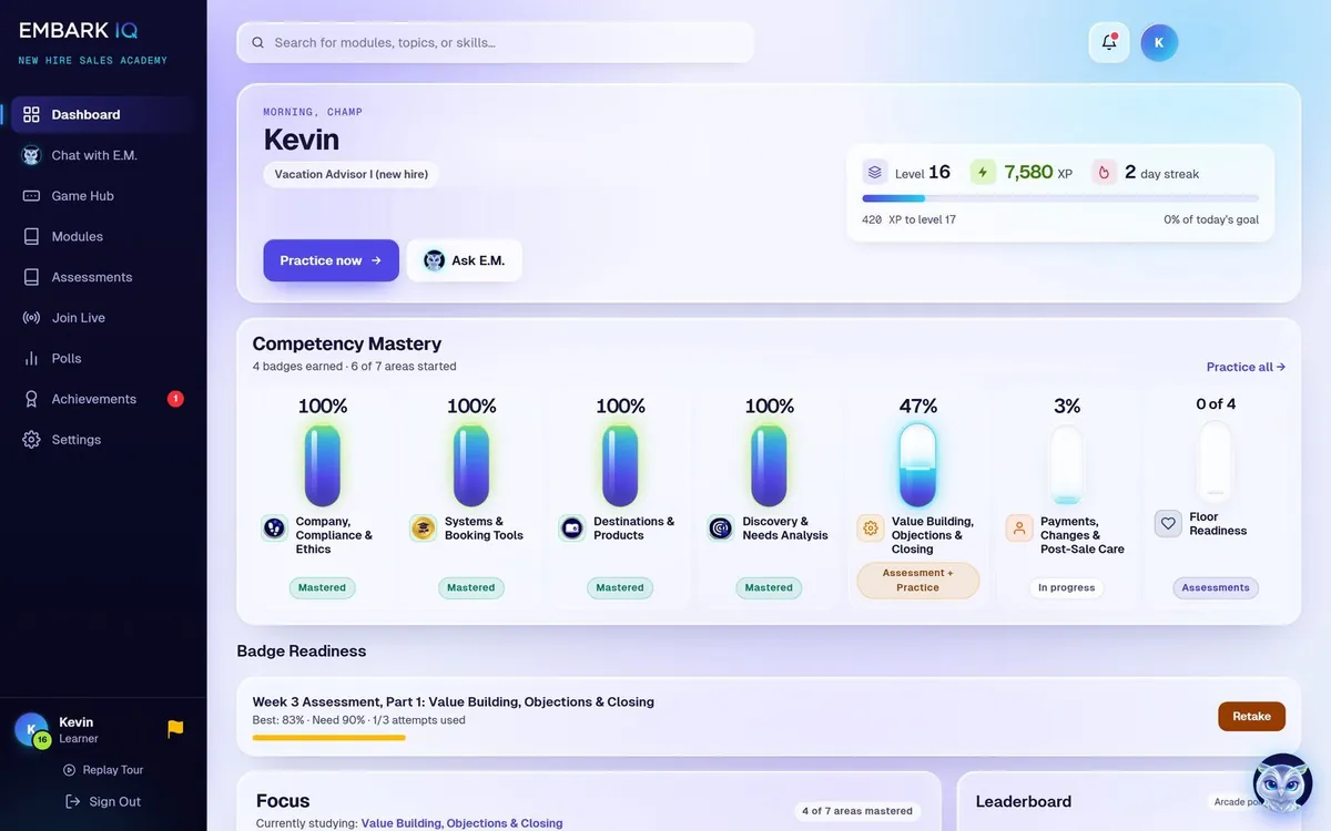 Embark IQ learner home: progress skill by skill and the next step