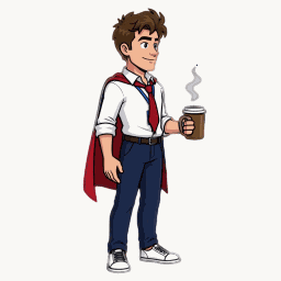 Office Hero standing with his coffee, from the idle sprite sheet