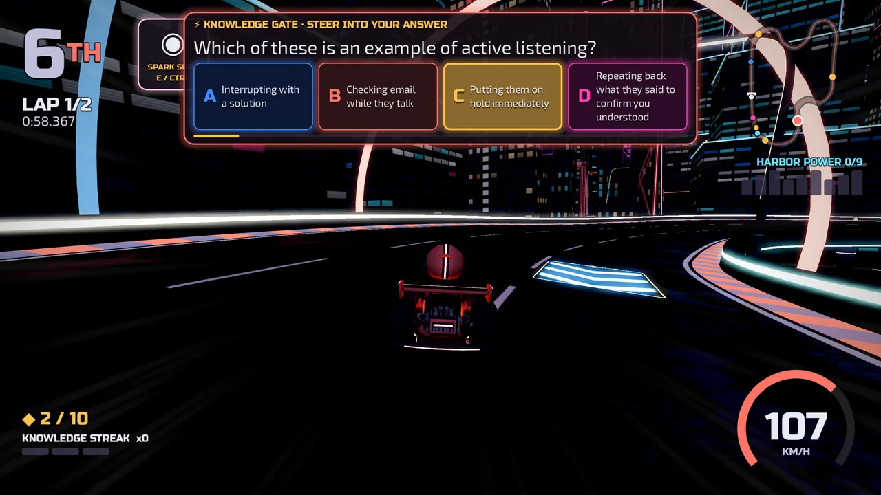 Spark Circuit: a neon kart races through a night city, and the active listening question hangs over the track as a gate with four answer lanes.