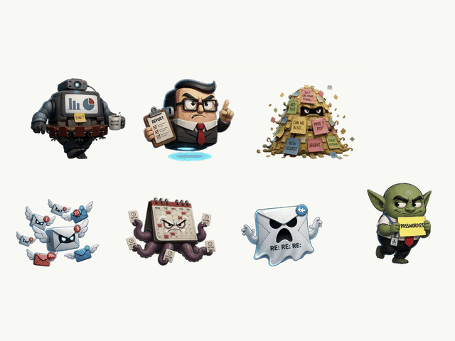 Seven animated office monsters: Meeting Monster, Micromanager, Scope Creep, Email Swarm, Calendar Kraken, Reply-All Ghost and Password Goblin