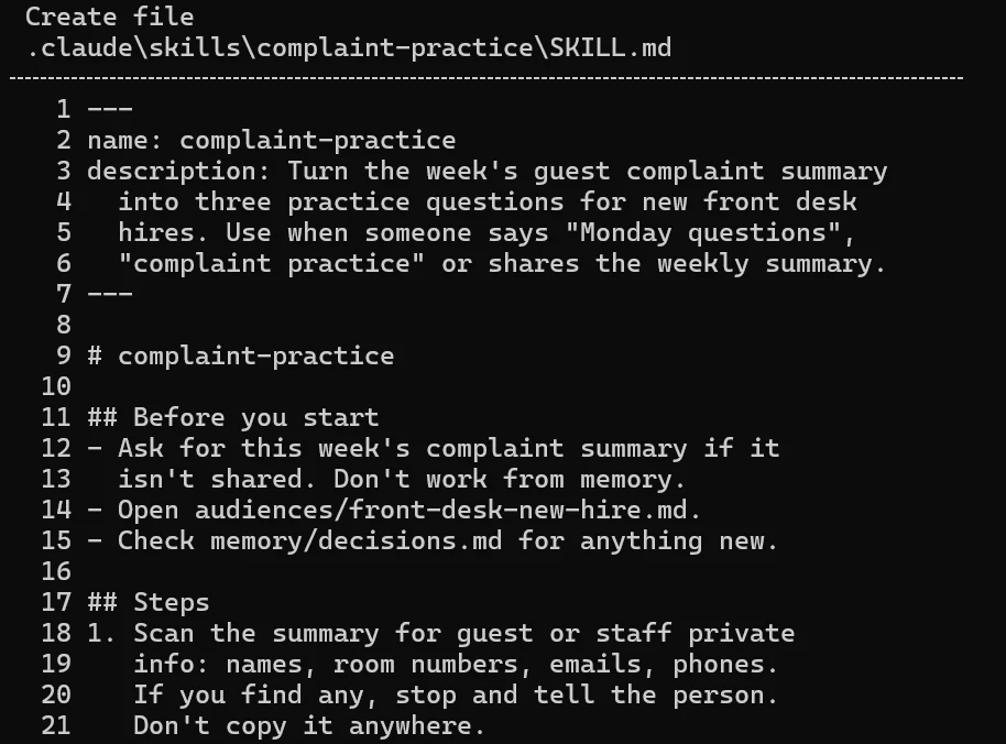 A new team skill Claude Code wrote, complaint-practice, shown before it was saved. It turns the week's guest complaint summary into three practice questions for new front desk hires.