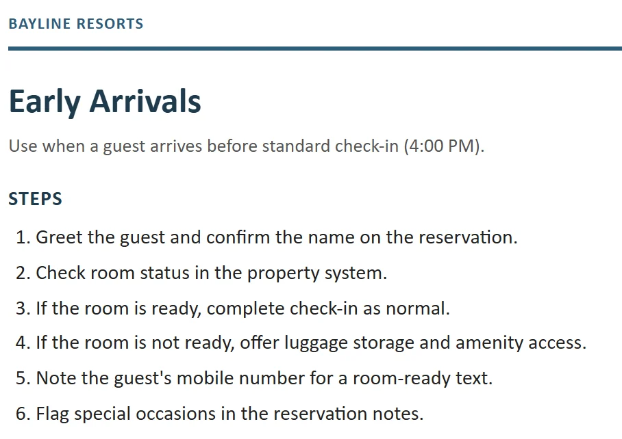 A front desk job aid for early arrivals: a title and six steps