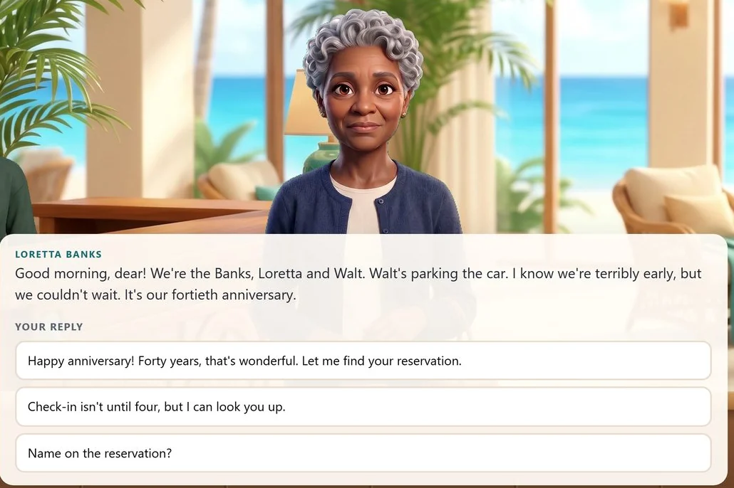 A practice scenario at a resort front desk. Loretta Banks arrives early for her fortieth anniversary, with a patience meter above her. The learner picks one of three replies.