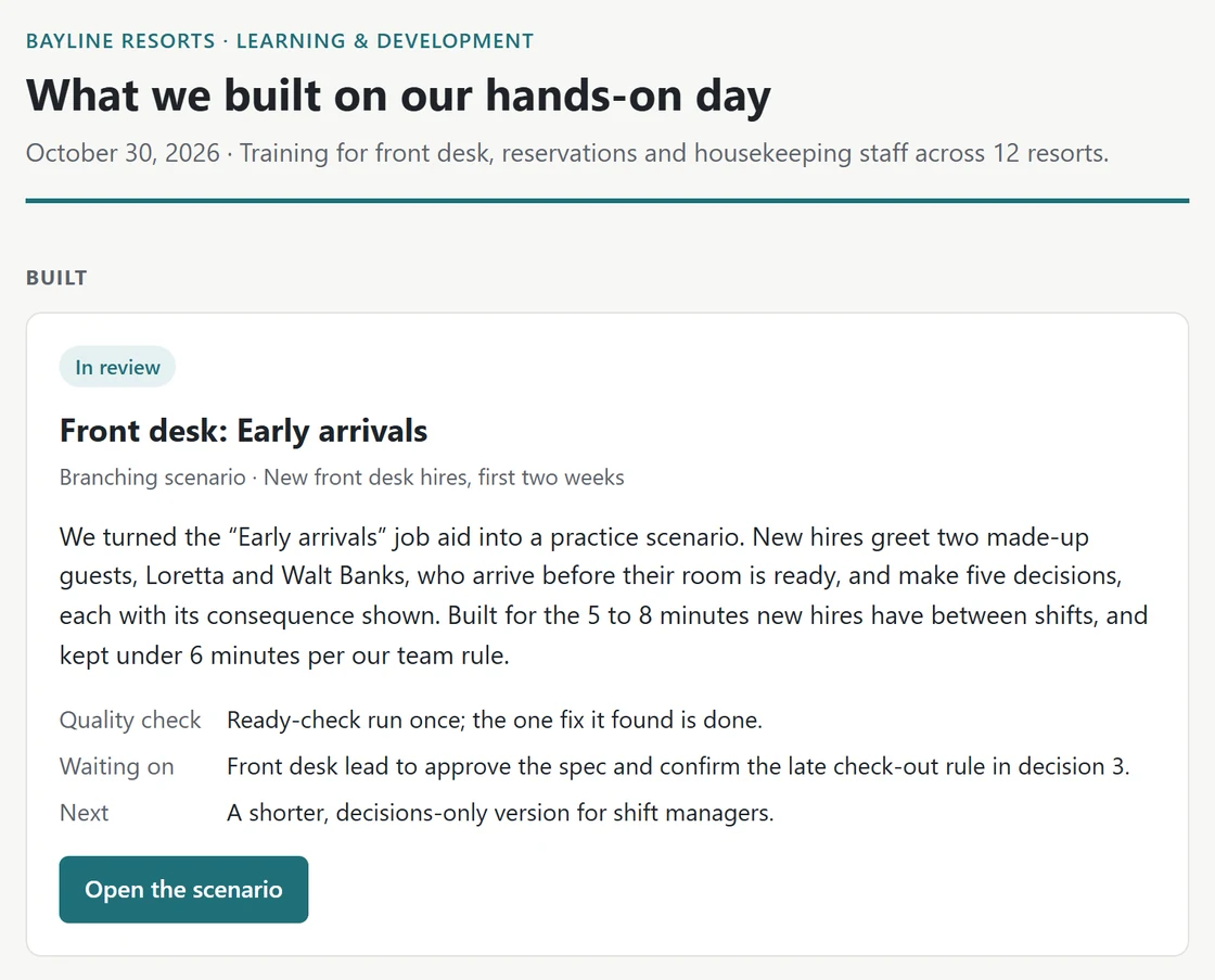A showcase page titled What we built on our hands-on day, for a made-up resort company's L&D team. Its first card, for the front desk early arrivals scenario, is marked In review.