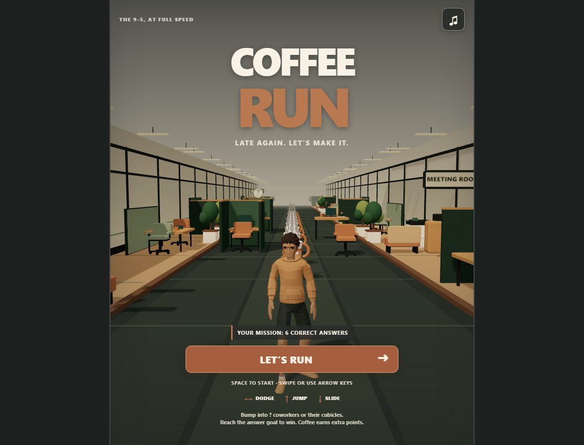 Coffee Run title screen: a runner in a warm modern office, ready to go
