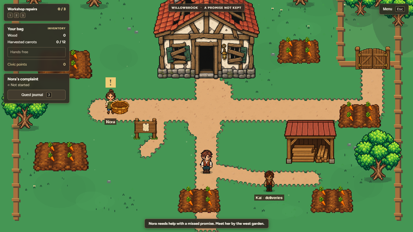 Willowbrook pixel-art town with carrot patches, Nora, Kai, and the workshop