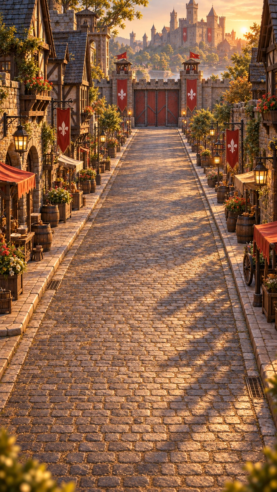 Crowd Surge setting: a medieval village road leads toward a fortified gate